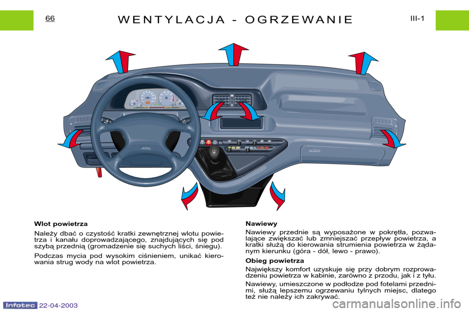 Peugeot Expert 2003  Instrukcja Obsługi (in Polish) 22-04-2003
WENTYLACJA - OGRZEWANIEIII-1
66
Wlot powietrza 
Należy  dbać  o  czystość  kratki  zewnętrznej  wlotu  powie- 
trza  i  kanału  doprowadzającego,  znajdujących  się  pod
szybą prz