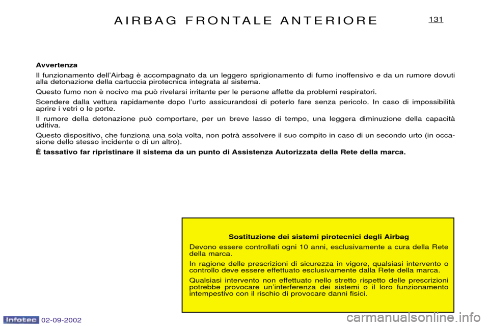 Peugeot Expert 2002.5 Manuale del proprietario (in Italian) 02-09-2002
AIRBAG FRONTALE ANTERIORE131
Sostituzione dei sistemi pirotecnici degli Airbag
Devono essere controllati ogni 10 anni, esclusivamente a cura della Rete della marca. In ragione delle prescri Peugeot Expert 2002.5 Manuale del proprietario (in Italian) 02-09-2002
AIRBAG FRONTALE ANTERIORE131
Sostituzione dei sistemi pirotecnici degli Airbag
Devono essere controllati ogni 10 anni, esclusivamente a cura della Rete della marca. In ragione delle prescri
