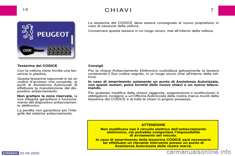 Peugeot Expert 2002.5 Manuale del proprietario (in Italian) 02-09-2002
CHIAVI7I-2ATTENZIONE
Non modificare mai il circuito elettrico dellÕantiavviamento elettronico, ci˜ potrebbe comportare lÕimpossibilitˆ di avviamento del veicolo.
In caso di smarriment Peugeot Expert 2002.5 Manuale del proprietario (in Italian) 02-09-2002
CHIAVI7I-2ATTENZIONE
Non modificare mai il circuito elettrico dellÕantiavviamento elettronico, ci˜ potrebbe comportare lÕimpossibilitˆ di avviamento del veicolo.
In caso di smarriment