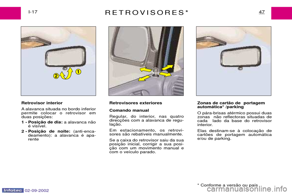 Peugeot Expert 2002.5  Manual do proprietário (in Portuguese) 21
RETROVISORES*47I-17
Retrovisor interior 
A alavanca situada no bordo inferior permite colocar o retrovisor emduas posi 1 - Posi a alavanca n‹o
Ž vis’vel.
2 - Posi (anti-enca-
deamento): a alav