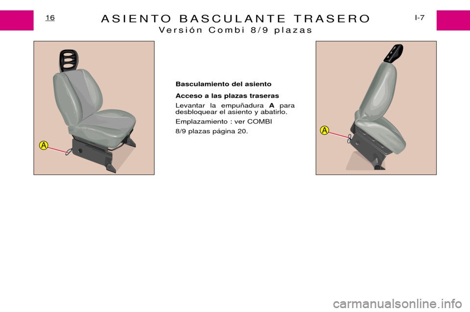 Peugeot Expert 2001.5  Manual del propietario (in Spanish) ASIENTO BASCULANTE TRASEROVersi—n Combi 8/9 plazas16I-7
Basculamiento del asiento Acceso a las plazas traseras  Levantar la empu –adura  Apara
desbloquear el asiento y abatirlo.Emplazamiento : ver