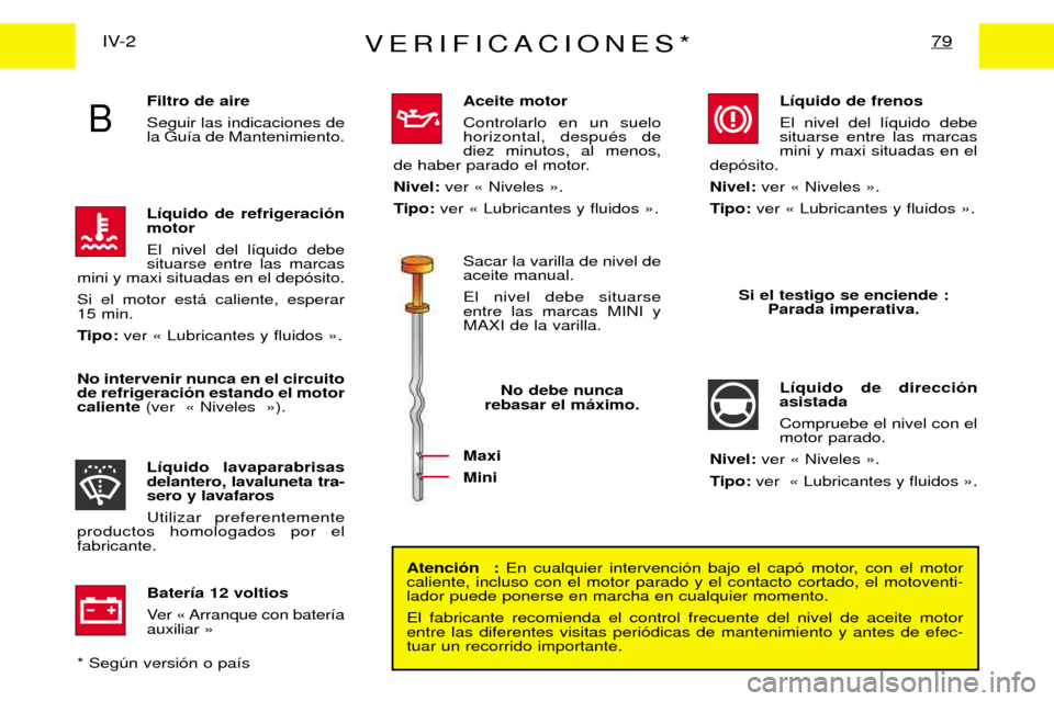 Peugeot Expert 2001.5 Manual del propietario (in Spanish) VERIFICACIONES*79IV-2Atenci—n : En cualquier intervenci—n bajo el cap— motor, con el motor
caliente, incluso con el motor parado y el contacto cortado, el motoventi- lador puede ponerse en marc Peugeot Expert 2001.5 Manual del propietario (in Spanish) VERIFICACIONES*79IV-2Atenci—n : En cualquier intervenci—n bajo el cap— motor, con el motor
caliente, incluso con el motor parado y el contacto cortado, el motoventi- lador puede ponerse en marc