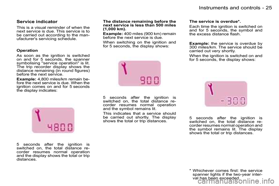 Peugeot Expert Dag 2006  Owners Manual �2�5�I�n�s�t�r�u�m�e�n�t�s� �a�n�d� �c�o�n�t�r�o�l�s�-
�S�e�r�v�i�c�e� �i�n�d�i�c�a�t�o�r
�T�h�i�s� �i�s� �a� �v�i�s�u�a�l� �r�e�m�i�n�d�e�r� �o�f� �w�h�e�n� �t�h�e�  
�n�e�x�t� �s�e�r�v�i�c�e� �i�s� 