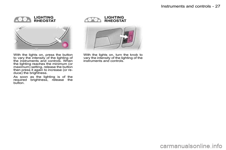 Peugeot Expert Dag 2006  Owners Manual �2�7�I�n�s�t�r�u�m�e�n�t�s� �a�n�d� �c�o�n�t�r�o�l�s�-
�L�I�G�H�T�I�N�G�  
�R�H�E�O�S�T�A�T
�W�i�t�h�  �t�h�e�  �l�i�g�h�t�s�  �o�n�,�  �p�r�e�s�s�  �t�h�e�  �b�u�t�t�o�n�  
�t�o� �v�a�r�y� �t�h�e� �i