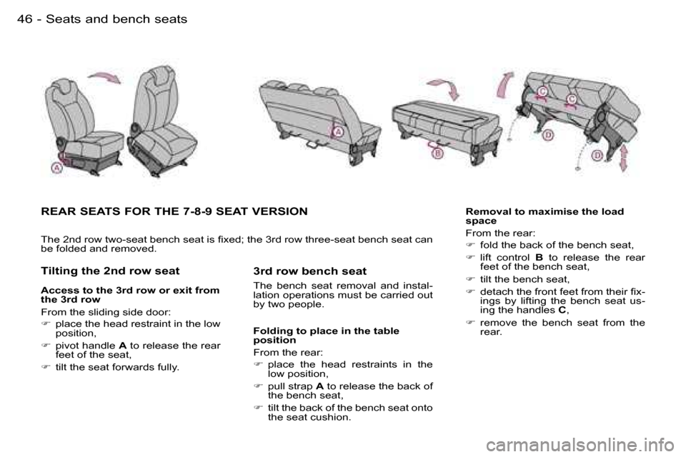 Peugeot Expert Dag 2006  Owners Manual �4�6 �-
�R�E�A�R� �S�E�A�T�S� �F�O�R� �T�H�E� �7�-�8�-�9� �S�E�A�T� �V�E�R�S�I�O�N
�T�h�e� �2�n�d� �r�o�w� �t�w�o�-�s�e�a�t� �b�e�n�c�h� �s�e�a�t� �i�s� �ﬁ�x�e�d�; �t�h�e �3�r�d �r�o�w �t�h�r�e�e�-�