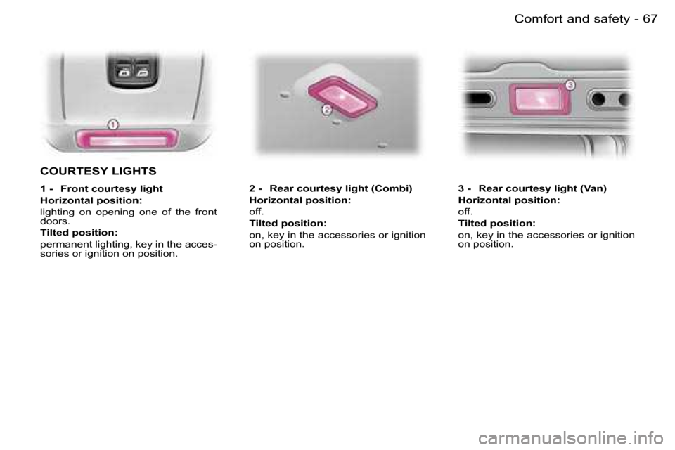Peugeot Expert Dag 2006  Owners Manual �6�7�C�o�m�f�o�r�t� �a�n�d� �s�a�f�e�t�y�-
�C�O�U�R�T�E�S�Y� �L�I�G�H�T�S
�1� �-�  �F�r�o�n�t� �c�o�u�r�t�e�s�y� �l�i�g�h�t 
�H�o�r�i�z�o�n�t�a�l� �p�o�s�i�t�i�o�n�:
�l�i�g�h�t�i�n�g�  �o�n�  �o�p�e�n