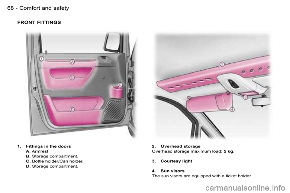 Peugeot Expert Dag 2006  Owners Manual �C�o�m�f�o�r�t� �a�n�d� �s�a�f�e�t�y�6�8 �-
�1�.�  �F�i�t�t�i�n�g�s� �i�n� �t�h�e� �d�o�o�r�s 
�  �A�.� �A�r�m�r�e�s�t
�  �B�.�  �S�t�o�r�a�g�e� �c�o�m�p�a�r�t�m�e�n�t�.
�  �C�.�  �B�o�t�t�l�e� �h�o�l