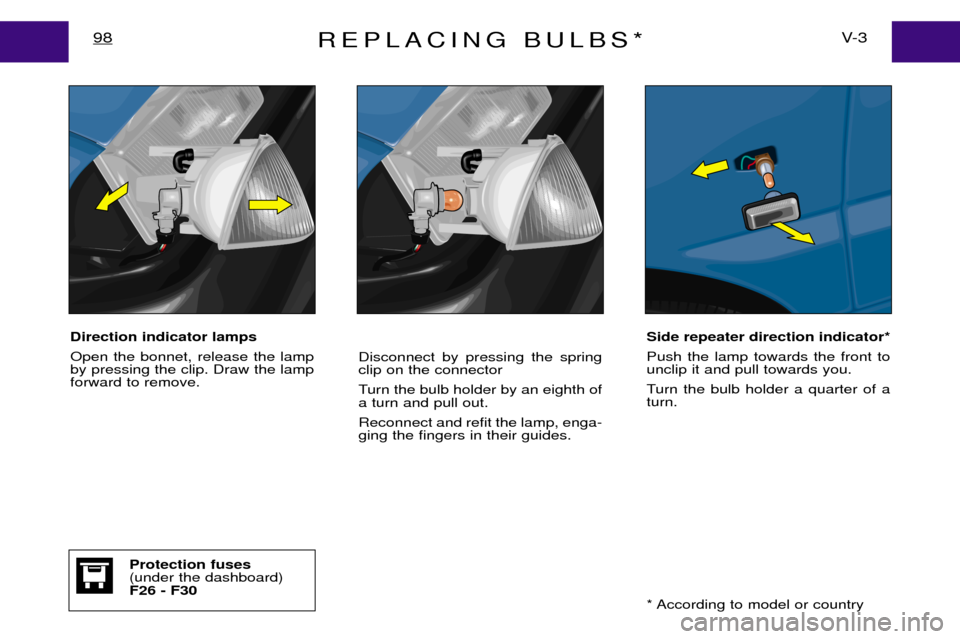 Peugeot Expert Dag 2001.5  Owners Manual REPLACING BULBS*V- 3
98
Direction indicator lamps Open the bonnet, release the lamp by pressing the clip. Draw the lampforward to remove. Disconnect by pressing the springclip on the connector 
Turn t