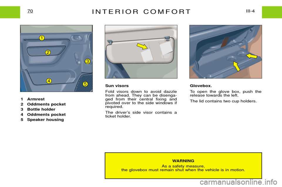 Peugeot Expert Dag 2001.5  Owners Manual INTERIOR COMFORTIII-4
70
WARNING
As a safety measure,
the glovebox must remain shut when the vehicle is in motion.
1 Armrest 
2 Oddments pocket
3 Bottle holder
4 Oddments pocket
5 Speaker housing
Sun 