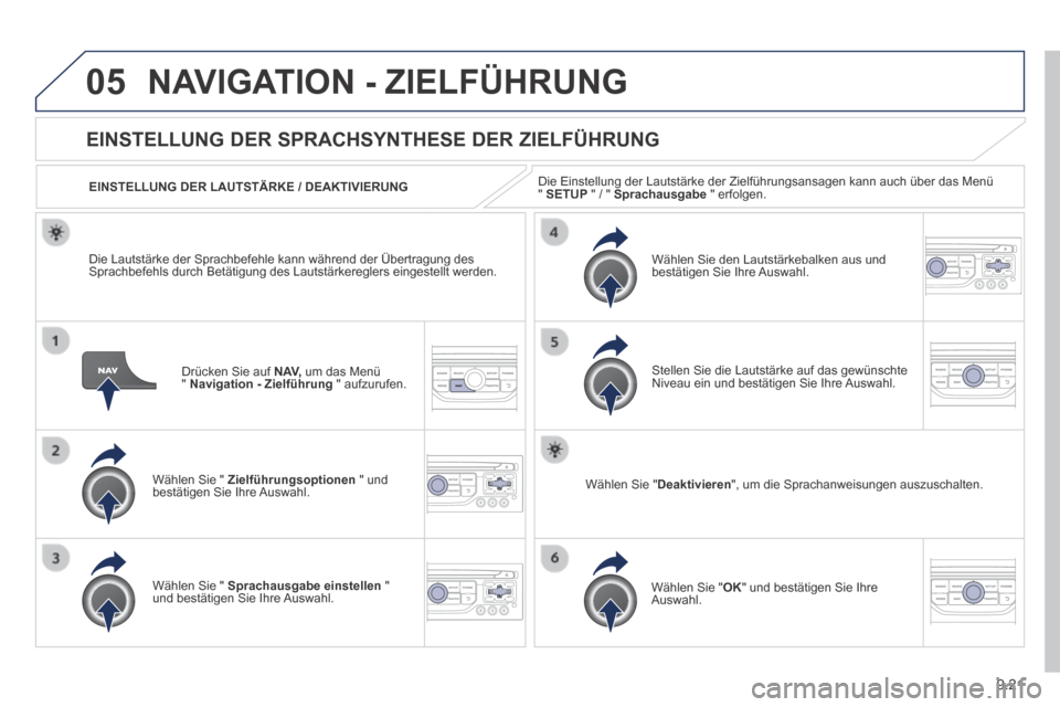 Peugeot Expert Tepee 2014  Betriebsanleitung (in German) 9.21
05 NAVIGATION - ZIELFÜHRUNG 
  Drücken Sie auf  N AV,  um das Menü "  Navigation - Zielführung   "  aufzurufen.  
      EINSTELLUNG  DER  SPRACHSYNTHESE  DER  ZIELFÜHRUNG 
  Wählen Sie "  Z