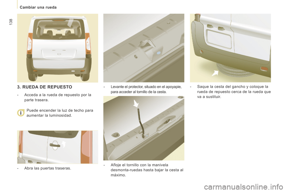 Peugeot Expert Tepee 2014  Manual del propietario (in Spanish) 138
   Cambiar  una  rueda   
  -   Levante el protector, situado en el apoyapie, para acceder al tornillo de la cesta. 
  -   Afloje el tornillo con la manivela  desmonta-ruedas hasta bajar la cesta 
