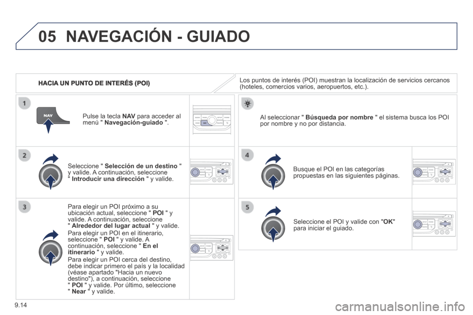 Peugeot Expert Tepee 2014  Manual del propietario (in Spanish) 9.14
05
   HACIA UN PUNTO DE INTERÉS (POI) 
 NAVEGACIÓN - GUIADO 
 Los puntos de interés (POI) muestran la localización de servicio\
s cercanos (hoteles, comercios varios, aeropuertos, etc.).  
  