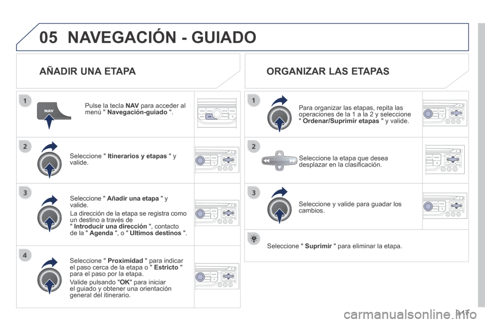 Peugeot Expert Tepee 2014  Manual del propietario (in Spanish) 9.17
05 NAVEGACIÓN - GUIADO 
  AÑADIR  UNA  ETAPA 
  Pulse la tecla  N AV  para acceder al menú "  Navegación-guiado   ".  
  Seleccione  "   Itinerarios y etapas  " y valide.  
  Seleccione  "   