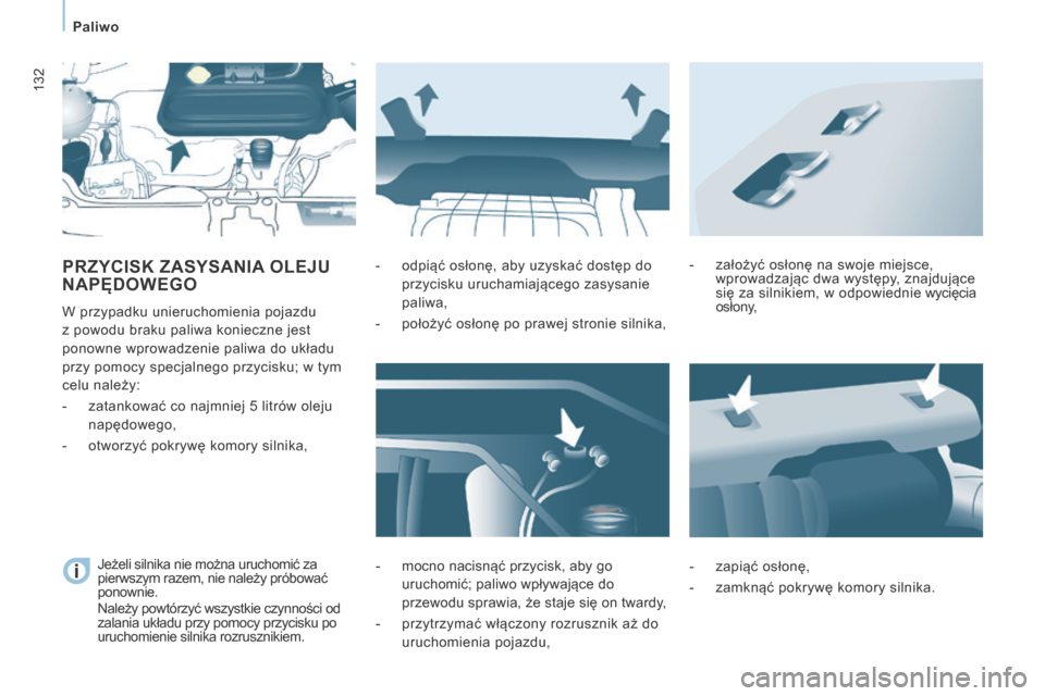 Peugeot Expert Tepee 2014  Instrukcja Obsługi (in Polish) 132
   Paliwo   
 PRZYCISK ZASYSANIA OLEJU NAPĘDOWEGO 
 W przypadku unieruchomienia pojazdu 
z powodu braku paliwa konieczne jest 
ponowne wprowadzenie paliwa do układu 
przy pomocy specjalnego przy