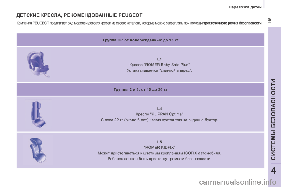 Peugeot Expert Tepee 2014  Инструкция по эксплуатации (in Russian)  115
   Перевозка детей   
СИСТЕМЫ БЕЗОПАСНОСТИ
4
 ДЕТСКИЕ КРЕСЛА, РЕКОМЕНДОВАННЫЕ PEUGEOT 
   Группа 0+: от новорожденн