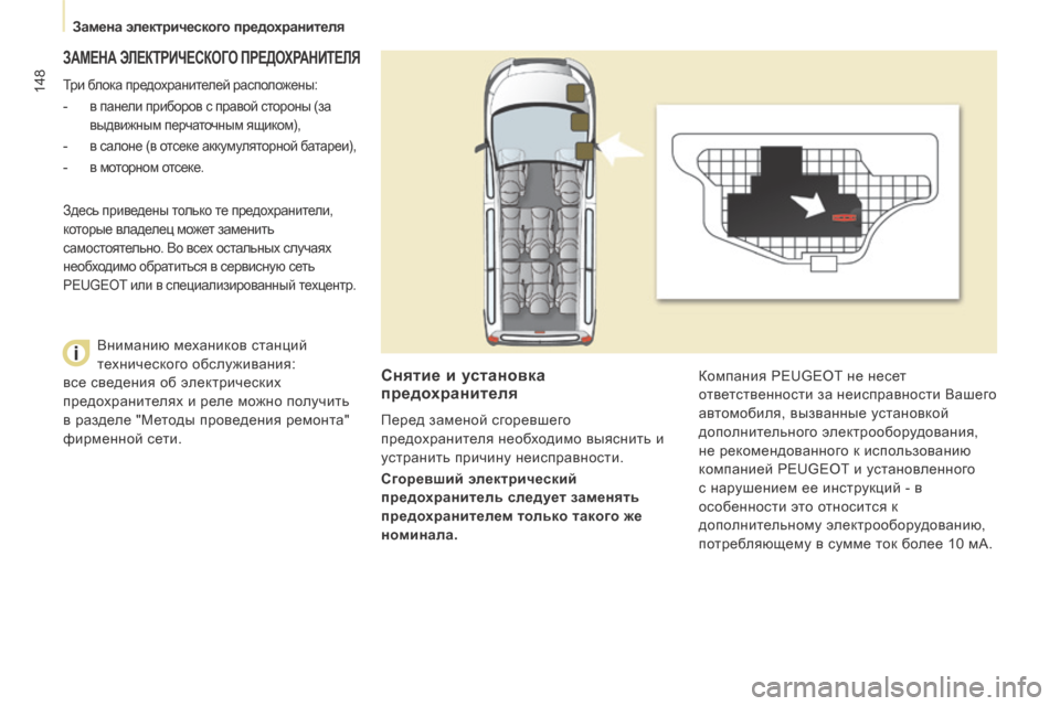 Peugeot Expert Tepee 2014  Инструкция по эксплуатации (in Russian) 148
   Замена электрического предохранителя   
 ЗАМЕНА ЭЛЕКТРИЧЕСКОГО ПРЕДОХРАНИТЕЛЯ 
 Три блока предохранител