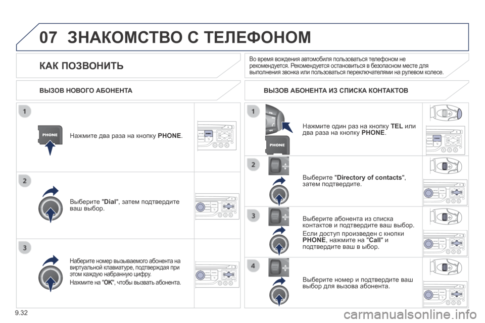 Peugeot Expert Tepee 2014  Инструкция по эксплуатации (in Russian) 9.32
07 ЗНАКОМСТВО С ТЕЛЕФОНОМ 
  Нажмите два раза на кнопку PHONE.   
  Выберите " Dial ", затем подтвердите ваш выбор.  
  