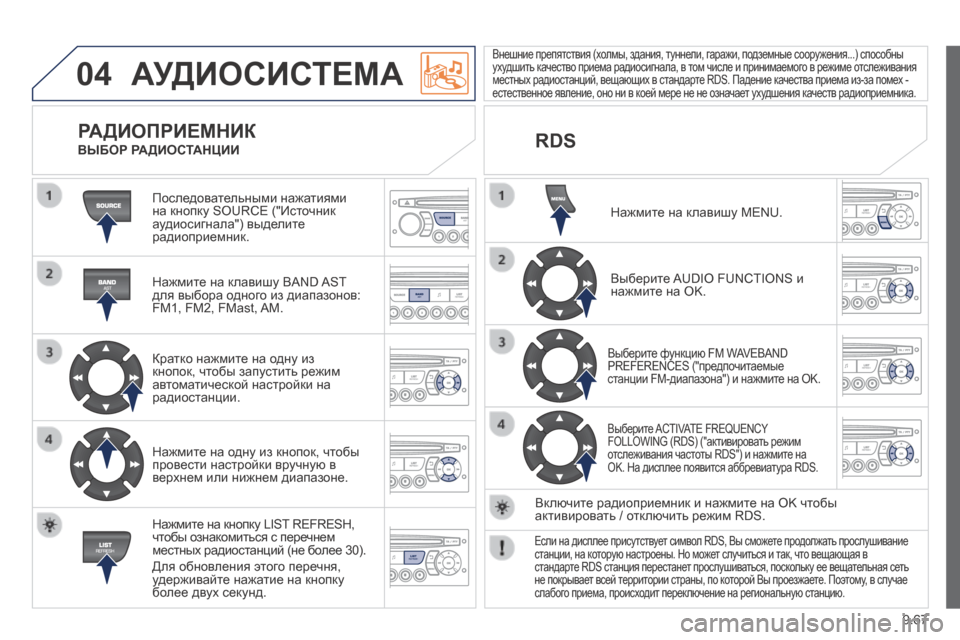 Peugeot Expert Tepee 2014  Инструкция по эксплуатации (in Russian) 9.67
04 АУДИОСИСТЕМА 
 Последовательными нажатиями на кнопку SOURCE ("Источник аудиосигнала") выделите радиоприемн