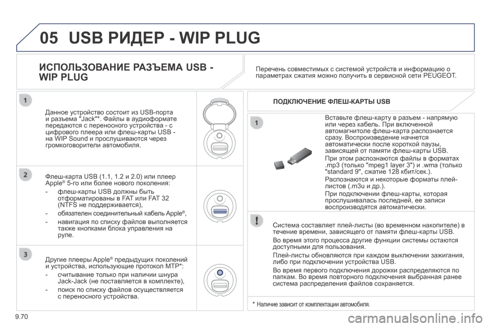 Peugeot Expert Tepee 2014  Инструкция по эксплуатации (in Russian) 9.70
05 USB РИДЕР - WIP PLUG 
  Система составляет плей-листы (во временном накопителе) в течение времени, зависящего от 