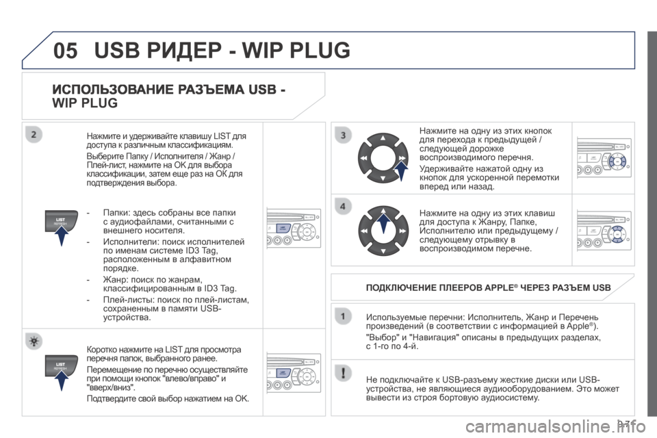 Peugeot Expert Tepee 2014  Инструкция по эксплуатации (in Russian) 9.71
05
  ИСПОЛЬЗОВАНИЕ РАЗЪЕМА USB - 
WIP PLUG 
  Коротко нажмите на LIST для просмотра перечня папок, выбранного ранее. 
 