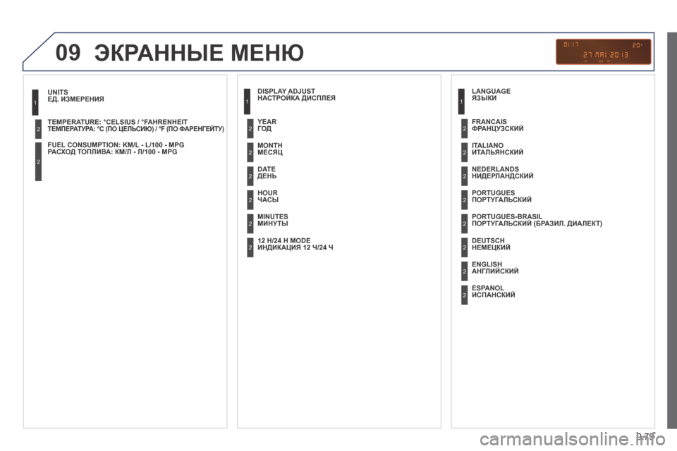 Peugeot Expert Tepee 2014  Инструкция по эксплуатации (in Russian) 9.79
09
  ЕД. ИЗМЕРЕНИЯ 
ТЕМПЕРАТУРА: °C (ПО ЦЕЛЬСИЮ) / °F (ПО ФАРЕНГЕЙТУ)   
  РАСХОД ТОПЛИВА: КМ/Л - Л/100 - MPG   
1
2
2
 ЭКРАНН