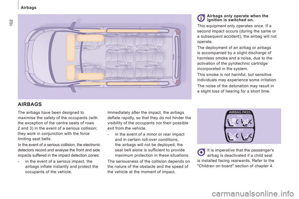Peugeot Expert Tepee 2012 Owners Manual 102
Airbags
The airbags have been designed to
maximise the safety of the occupants (with
the exception of the centre seats of rows
2 and 3) in the event of a serious collision;
they work in conj Peugeot Expert Tepee 2012 Owners Manual 102
Airbags
The airbags have been designed to
maximise the safety of the occupants (with
the exception of the centre seats of rows
2 and 3) in the event of a serious collision;
they work in conj