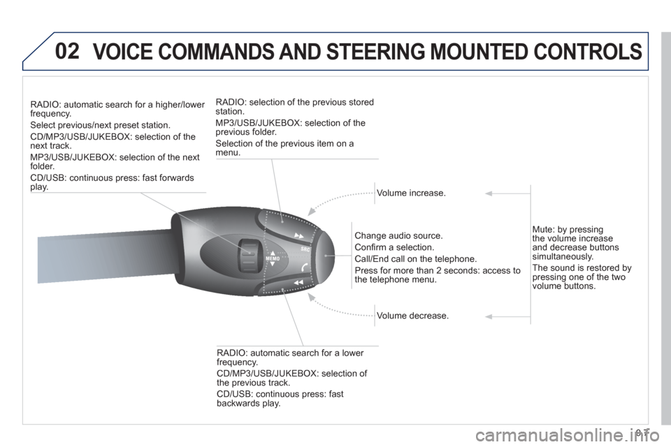 Peugeot Expert Tepee 2012  Owners Manual 9.7
02VOICE COMMANDS AND STEERING MOUNTED CONTROLS
RADIO: automatic search for a higher/lower frequency.
Select previous/next preset station.
CD/MP3/USB/JUKEBOX: selection of thenext track. 
MP
3/USB/