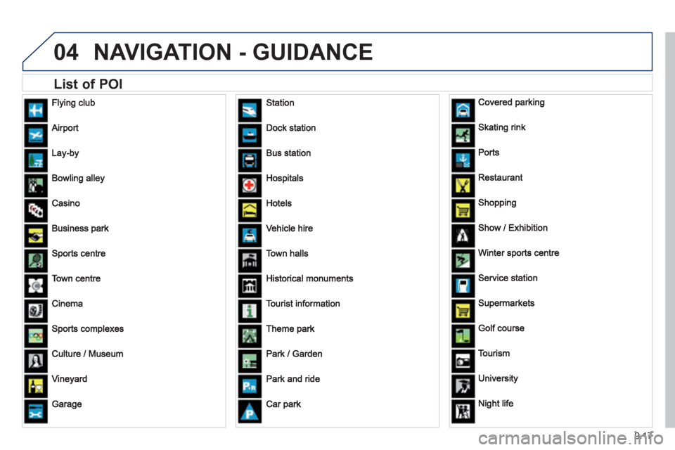 Peugeot Expert Tepee 2012  Owners Manual 9.17
04NAVIGATION - GUIDANCE 
   
List of POI  