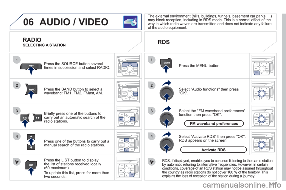 Peugeot Expert Tepee 2012 Owners Manual 9.25
06
1
2
4
3
1
2
4
3
AUDIO / VIDEO
RADIO
Press the BAND button to select awaveband: FM1, FM2, FMast, AM. Pr
ess the SOURCE button several
times in succession and select RADIO.
Press the LIS Peugeot Expert Tepee 2012 Owners Manual 9.25
06
1
2
4
3
1
2
4
3
AUDIO / VIDEO
RADIO
Press the BAND button to select awaveband: FM1, FM2, FMast, AM. Pr
ess the SOURCE button several
times in succession and select RADIO.
Press the LIS