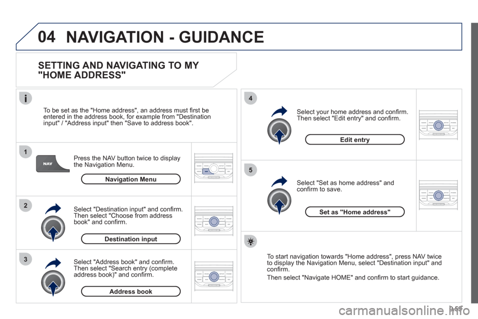 Peugeot Expert Tepee 2012  Owners Manual 9.59
04
1
2
3
5
4
  NAVIGATION - GUIDANCE
 
 
SETTING AND NAVIGATING TO MY 
"HOME ADDRESS" 
Press the NAV button twice to display 
the Navigation Menu.     
To be set as the "Home address"
, an addres