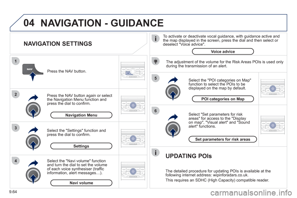 Peugeot Expert Tepee 2012 Owners Manual 9.64
04
5
6
3 2 1
4
NAVIGATION SETTINGS
Select "Set parameters for risk
areas" for access to the "Display
on map", "Visual alert" and "Soundalert" functions.
Select the "POI categories o Peugeot Expert Tepee 2012 Owners Manual 9.64
04
5
6
3 2 1
4
NAVIGATION SETTINGS
Select "Set parameters for risk
areas" for access to the "Display
on map", "Visual alert" and "Soundalert" functions.
Select the "POI categories o