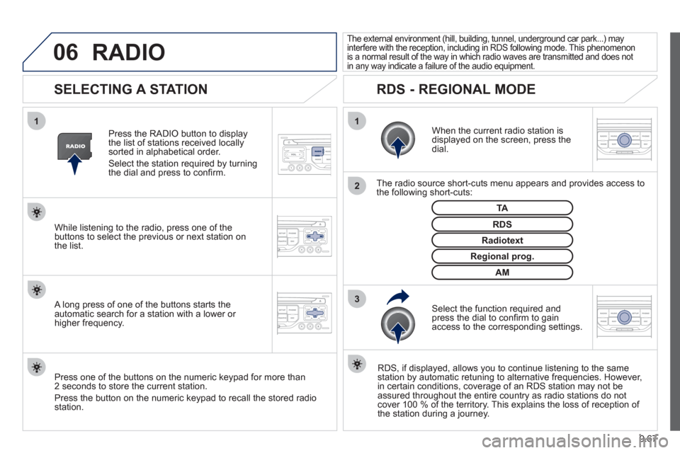 Peugeot Expert Tepee 2012 Owners Manual 9.67
06
3 2 1 1
SELECTING A STATION
When the current radio station isdisplayed on the screen, press thedial.
The radio source short-cuts menu appears and provides access to
t Peugeot Expert Tepee 2012 Owners Manual 9.67
06
3 2 1 1
SELECTING A STATION
When the current radio station isdisplayed on the screen, press thedial.
The radio source short-cuts menu appears and provides access to
t