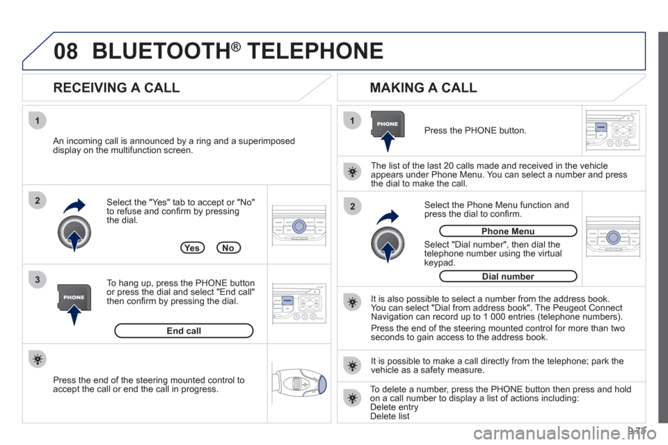 Peugeot Expert Tepee 2012 Owners Manual 9.73
08
1
3 2
2 1Select the "Yes" tab to accept or "No"
to refuse and confi rm by pressing
the dial.
RECEIVING A CALL
MAKING A CALL
An incoming call is announced by a ring and a superim Peugeot Expert Tepee 2012 Owners Manual 9.73
08
1
3 2
2 1Select the "Yes" tab to accept or "No"
to refuse and confi rm by pressing
the dial.
RECEIVING A CALL
MAKING A CALL
An incoming call is announced by a ring and a superim
