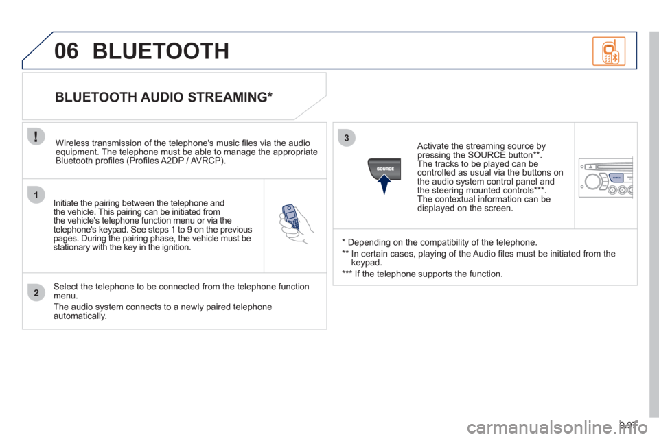 Peugeot Expert Tepee 2012 Owners Manual 9.97
1
2
3
SOURCE
06
Initiate the pairing between the telephone and
the vehicle. This pairing can be initiated from
the vehicles telephone function menu or via the
telephones ke
ypad. See steps Peugeot Expert Tepee 2012 Owners Manual 9.97
1
2
3
SOURCE
06
Initiate the pairing between the telephone and
the vehicle. This pairing can be initiated from
the vehicles telephone function menu or via the
telephones ke
ypad. See steps