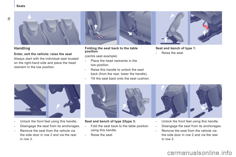 Peugeot Expert Tepee 2012  Owners Manual 76
Seats
   
Handling  
 
Folding the seat back to the table 
position 
  (centre seat example) 
   
 
-   Place the head restraints in the 
low position. 
   
-   Raise this handle to unlock the seat