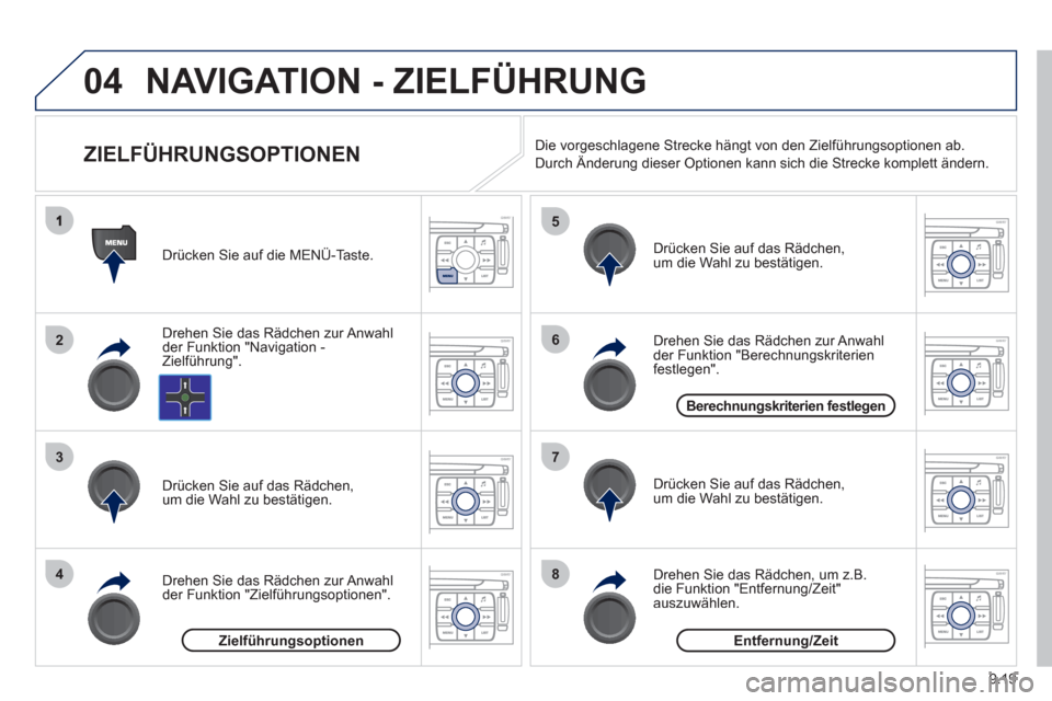 Peugeot Expert Tepee 2012  Betriebsanleitung (in German) 9.19
04
2
3
4
5
6
7
8
NAVIGATION - ZIELFÜHRUNG
   
 
 
 
 
 
 
 
ZIELFÜHRUNGSOPTIONEN 
Drehen Sie das Rädchen zur Anwahl
der Funktion "Navigation -Zielführung". Drücken 
Sie auf die MENÜ-Taste. 