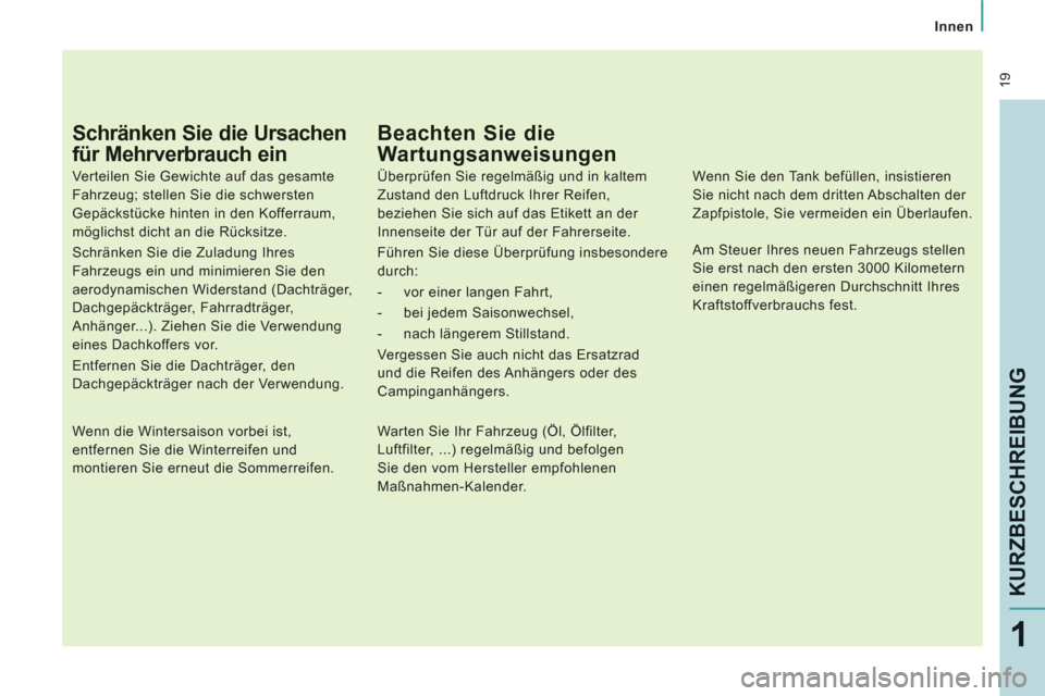 Peugeot Expert Tepee 2012 Betriebsanleitung (in German) 19
Innen
KURZBESCHREIBUNG
1
Schränken Sie die Ursachen
für Mehrverbrauch ein
Verteilen Sie Gewichte auf das gesamte
Fahrzeug; stellen Sie die schwersten
Gepäckstücke hinten in den Ko Peugeot Expert Tepee 2012 Betriebsanleitung (in German) 19
Innen
KURZBESCHREIBUNG
1
Schränken Sie die Ursachen
für Mehrverbrauch ein
Verteilen Sie Gewichte auf das gesamte
Fahrzeug; stellen Sie die schwersten
Gepäckstücke hinten in den Ko