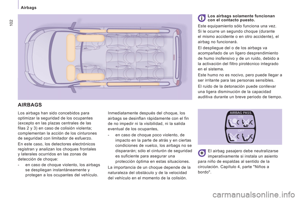 Peugeot Expert Tepee 2012 Manual del propietario (in Spanish) 102
Airbags
Los airbags han sido concebidos para
optimizar la seguridad de los ocupantes
(excepto en las plazas centrales de las
filas 2 y 3) en caso de colisión violenta;
complementan la acci Peugeot Expert Tepee 2012 Manual del propietario (in Spanish) 102
Airbags
Los airbags han sido concebidos para
optimizar la seguridad de los ocupantes
(excepto en las plazas centrales de las
filas 2 y 3) en caso de colisión violenta;
complementan la acci