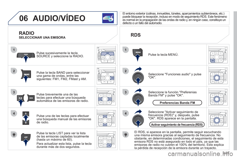 Peugeot Expert Tepee 2012 Manual del propietario (in Spanish) 9.25
06
1
2
4
3
1
2
4
3
AUDIO/VÍDEO
RADIO
Pulse la tecla BAND para seleccionar una gama de ondas, entre las
siguientes: FM1, FM2, FMast y AM. P
ulse sucesivamente la tecla SOURCE y seleccione Peugeot Expert Tepee 2012 Manual del propietario (in Spanish) 9.25
06
1
2
4
3
1
2
4
3
AUDIO/VÍDEO
RADIO
Pulse la tecla BAND para seleccionar una gama de ondas, entre las
siguientes: FM1, FM2, FMast y AM. P
ulse sucesivamente la tecla SOURCE y seleccione