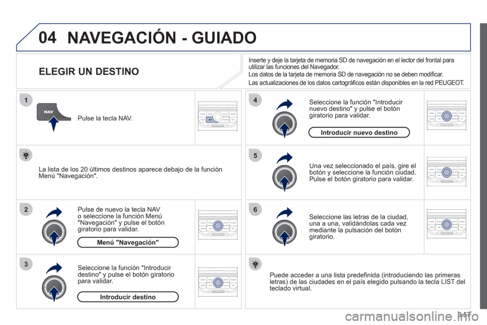 Peugeot Expert Tepee 2012 Manual del propietario (in Spanish) 9.57
04
1
2
3
5
6
4
NAVEGACIÓN - GUIADO
ELEGIR UN DESTINO
Pulse de nuevo la tecla NAV o seleccione la función Menú "Navegación" y pulse el botón giratorio para validar Peugeot Expert Tepee 2012 Manual del propietario (in Spanish) 9.57
04
1
2
3
5
6
4
NAVEGACIÓN - GUIADO
ELEGIR UN DESTINO
Pulse de nuevo la tecla NAV o seleccione la función Menú "Navegación" y pulse el botón giratorio para validar