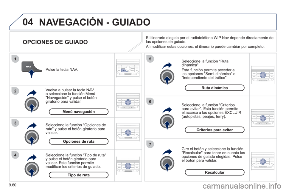 Peugeot Expert Tepee 2012 Manual del propietario (in Spanish) 9.60
04
4
3
2
1
7
6
5
NAVEGACIÓN - GUIADO
OPCIONES DE GUIADO
Seleccione la función "Ruta dinámica".
Esta
función permite acceder alas opciones "Semi-dinámica" o"Independiente del trá Peugeot Expert Tepee 2012 Manual del propietario (in Spanish) 9.60
04
4
3
2
1
7
6
5
NAVEGACIÓN - GUIADO
OPCIONES DE GUIADO
Seleccione la función "Ruta dinámica".
Esta
función permite acceder alas opciones "Semi-dinámica" o"Independiente del trá