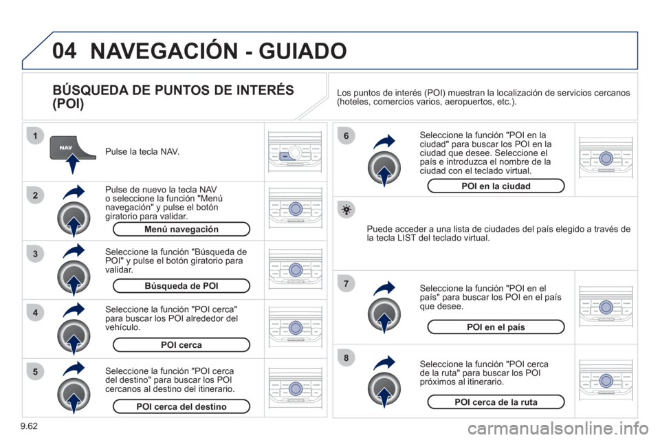 Peugeot Expert Tepee 2012 Manual del propietario (in Spanish) 9.62
04
8
6
7
4
3
5
2
1
NAVEGACIÓN - GUIADO
BÚSQUEDA DE PUNTOS DE INTERÉS
(POI)
Pulse la tecla NAV.
P
ulse de nuevo la tecla NAVo seleccione la función "Menú navegación" y pulse el Peugeot Expert Tepee 2012 Manual del propietario (in Spanish) 9.62
04
8
6
7
4
3
5
2
1
NAVEGACIÓN - GUIADO
BÚSQUEDA DE PUNTOS DE INTERÉS
(POI)
Pulse la tecla NAV.
P
ulse de nuevo la tecla NAVo seleccione la función "Menú navegación" y pulse el