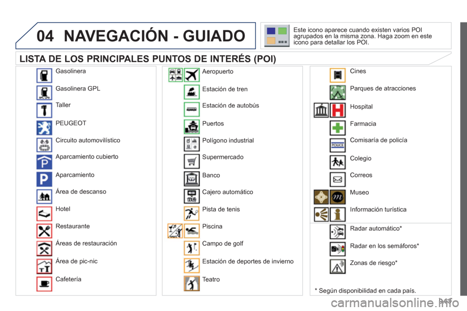 Peugeot Expert Tepee 2012  Manual del propietario (in Spanish) 9.63
04NAVEGACIÓN - GUIADO
   
LISTA DE LOS PRINCIPALES PUNTOS DE INTERÉS (POI) 
* 
 
 Según disponibilidad en cada país.   Este icono a
parece cuando existen varios POIagrupados en la misma zona.