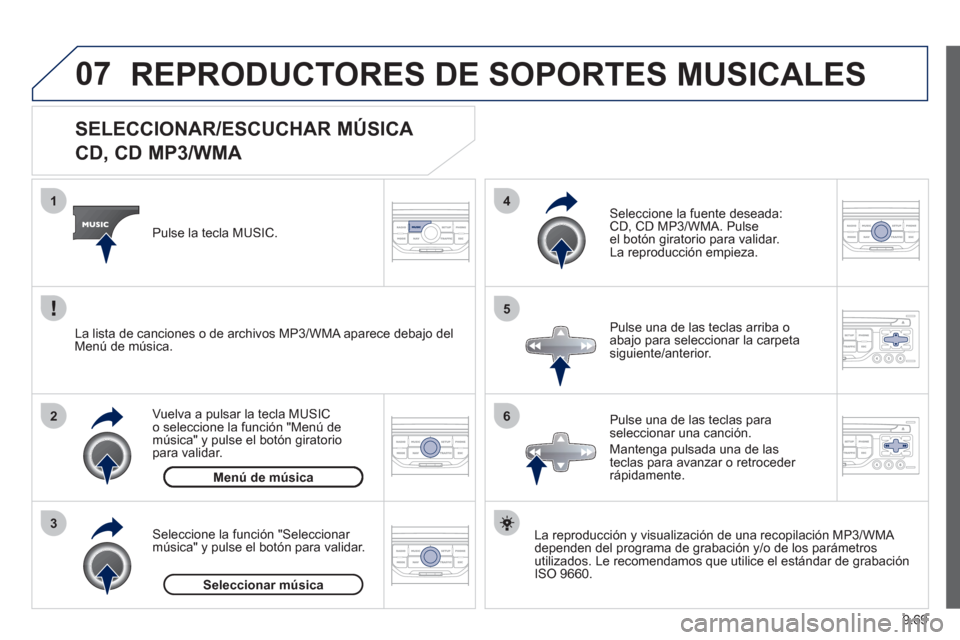 Peugeot Expert Tepee 2012  Manual del propietario (in Spanish) 9.69
07
3 2 1
6
4
5
   
 
 
 
 
 
 
 
 
 
 
 
SELECCIONAR/ESCUCHAR MÚSICA  
CD, CD MP3/WMA 
La reproducción y visualización de una recopilación MP3/WMA 
dependen del programa de grabación y/o de 