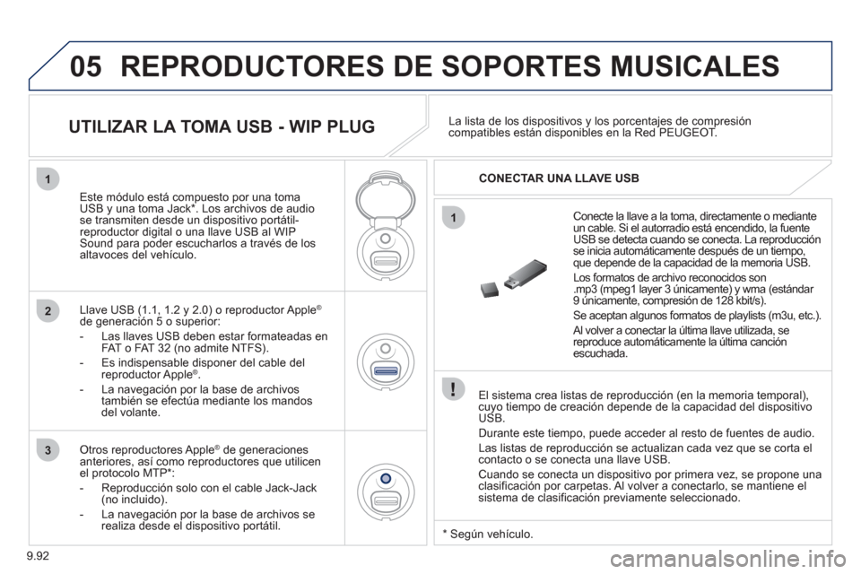 Peugeot Expert Tepee 2012 Manual del propietario (in Spanish) 9.92
05
1
1
2
3
REPRODUCTORES DE SOPORTES MUSICALES
El sistema crea listas de reproducción (en la memoria temporal),cuyo tiempo de creación depende de la capacidad del dispositivoUSB.
Duran Peugeot Expert Tepee 2012 Manual del propietario (in Spanish) 9.92
05
1
1
2
3
REPRODUCTORES DE SOPORTES MUSICALES
El sistema crea listas de reproducción (en la memoria temporal),cuyo tiempo de creación depende de la capacidad del dispositivoUSB.
Duran