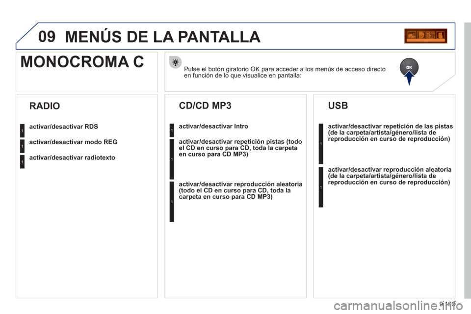 Peugeot Expert Tepee 2012  Manual del propietario (in Spanish) 9.103
09MENÚS DE LA PANTALLA 
Pulse el botón giratorio OK para acceder a los menús de acceso directo en función de lo que visualice en pantalla:
MONOCROMA C 
activar/desactivar RDS
activar/desacti