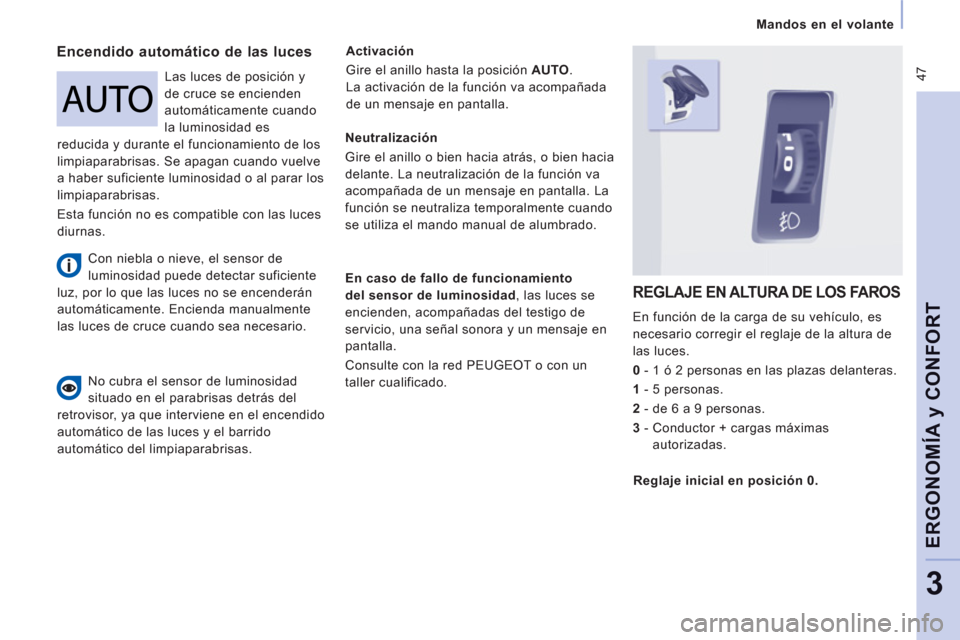 Peugeot Expert Tepee 2012 Manual del propietario (in Spanish) 47
Mandos en el volante
ERGONOMÍA
y CONFOR
T
3
Encendido automático de las luces
Activación
Gire el anillo hasta la posición AUTO
.
La activación de la función va acompañada
de Peugeot Expert Tepee 2012 Manual del propietario (in Spanish) 47
Mandos en el volante
ERGONOMÍA
y CONFOR
T
3
Encendido automático de las luces
Activación
Gire el anillo hasta la posición AUTO
.
La activación de la función va acompañada
de