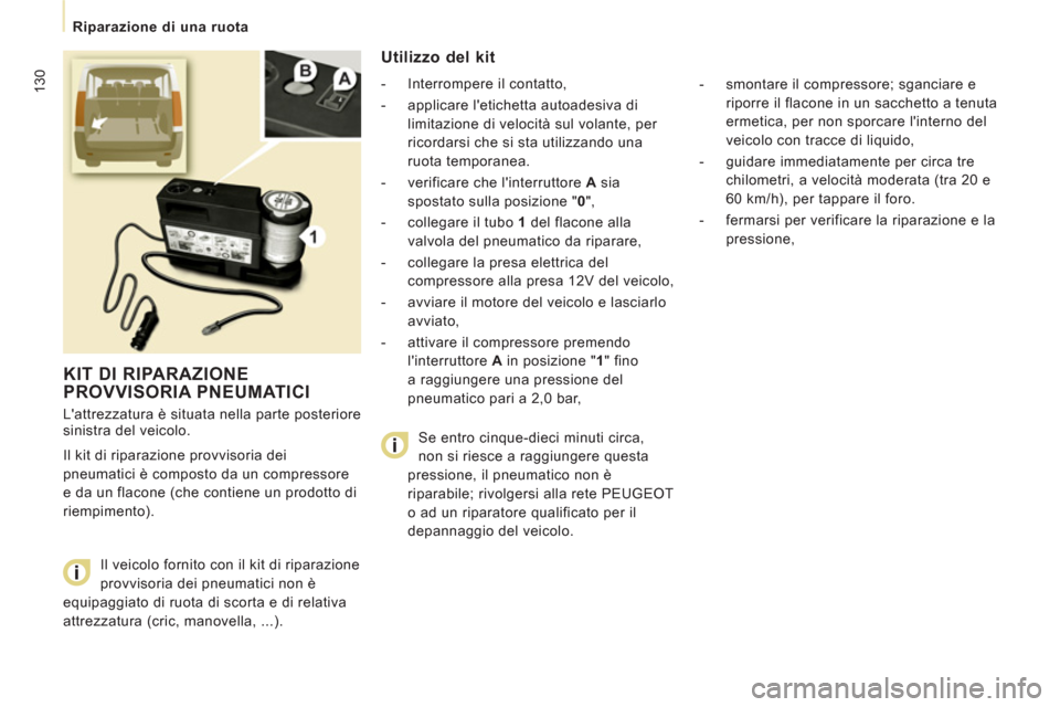 Peugeot Expert Tepee 2012 Manuale del proprietario (in Italian) 130
Riparazione di una ruota
KIT DI RIPARAZIONE PROVVISORIA PNEUMATICI
Lattrezzatura è situata nella parte posteriore
sinistra del veicolo.
Il kit di riparazione provvisoria dei
pneu Peugeot Expert Tepee 2012 Manuale del proprietario (in Italian) 130
Riparazione di una ruota
KIT DI RIPARAZIONE PROVVISORIA PNEUMATICI
Lattrezzatura è situata nella parte posteriore
sinistra del veicolo.
Il kit di riparazione provvisoria dei
pneu