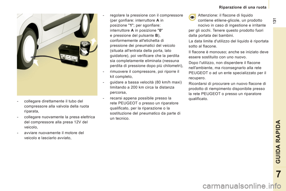 Peugeot Expert Tepee 2012 Manuale del proprietario (in Italian) Riparazione di una ruota
GUIDA RAPID
A
7
Attenzione: il flacone di liquido
contiene etilene-glicole, un prodotto
nocivo in caso di ingestione e irritante
per gli occhi. Tenere questo prodotto fuo Peugeot Expert Tepee 2012 Manuale del proprietario (in Italian) Riparazione di una ruota
GUIDA RAPID
A
7
Attenzione: il flacone di liquido
contiene etilene-glicole, un prodotto
nocivo in caso di ingestione e irritante
per gli occhi. Tenere questo prodotto fuo