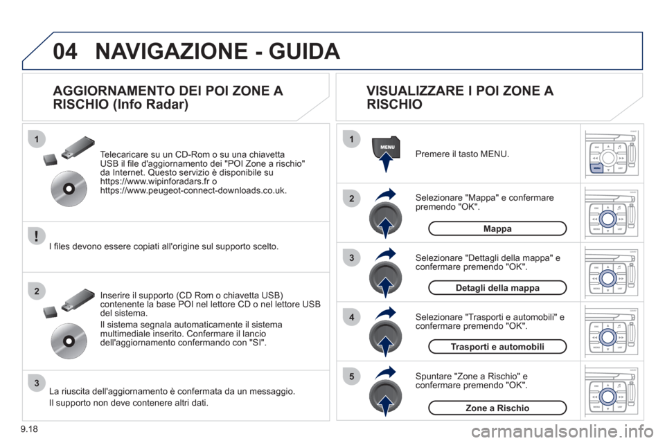 Peugeot Expert Tepee 2012 Manuale del proprietario (in Italian) 9.18
04
1
2
3
5
4
1
2
3
NAVIGAZIONE - GUIDA
Selezionare "Mappa" e confermarepremendo "OK". Premere il tasto MEN
U.
Selezionare "Trasporti e automobili" econfermare premendo "OK". Selezionare "Detta
Peugeot Expert Tepee 2012 Manuale del proprietario (in Italian) 9.18
04
1
2
3
5
4
1
2
3
NAVIGAZIONE - GUIDA
Selezionare "Mappa" e confermarepremendo "OK". Premere il tasto MEN
U.
Selezionare "Trasporti e automobili" econfermare premendo "OK". Selezionare "Detta